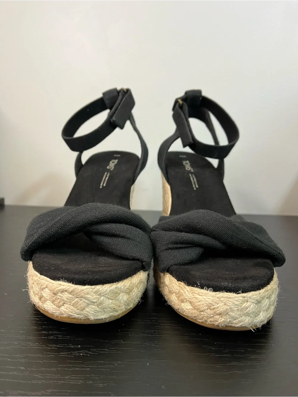 Toms Marisela Black Wedge Espadrille Ankle-Strap Sandals Women’s 8.5